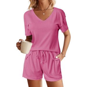 Ekouaer Womens Ribbed Knit Lounge Set Short Sleeve Top and Shorts Sleepwear Pajama Set Two Piece Shorts Outfits Set(Hot Pink)