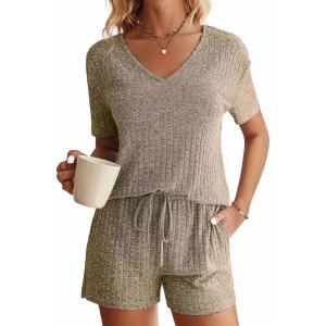 Ekouaer Womens Ribbed Knit Lounge Set Short Sleeve Top and Shorts Sleepwear Pajama Set Two Piece Shorts Outfits Set(Khaki)