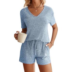 Ekouaer Womens Ribbed Knit Lounge Set Short Sleeve Top and Shorts Sleepwear Pajama Set Two Piece Shorts Outfits Set(Lake Blue)