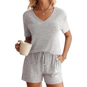 Ekouaer Womens Ribbed Knit Lounge Set Short Sleeve Top and Shorts Sleepwear Pajama Set Two Piece Shorts Outfits Set(Light Gray)