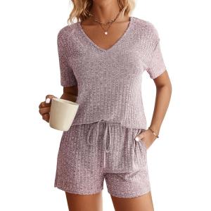 Ekouaer Womens Ribbed Knit Lounge Set Short Sleeve Top and Shorts Sleepwear Pajama Set Two Piece Shorts Outfits Set(Lilac)