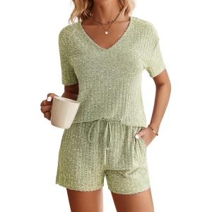Ekouaer Womens Ribbed Knit Lounge Set Short Sleeve Top and Shorts Sleepwear Pajama Set Two Piece Shorts Outfits Set(Moss Green)