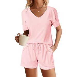 Ekouaer Womens Ribbed Knit Lounge Set Short Sleeve Top and Shorts Sleepwear Pajama Set Two Piece Shorts Outfits Set(Pink)