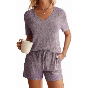 Ekouaer Womens Ribbed Knit Lounge Set Short Sleeve Top and Shorts Sleepwear Pajama Set Two Piece Shorts Outfits Set(Purple)