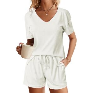 Ekouaer Womens Ribbed Knit Lounge Set Short Sleeve Top and Shorts Sleepwear Pajama Set Two Piece Shorts Outfits Set(White)