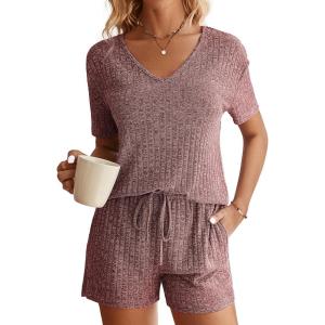 Ekouaer Womens Ribbed Knit Lounge Set Short Sleeve Top and Shorts Sleepwear Pajama Set Two Piece Shorts Outfits Set(Wine Red)