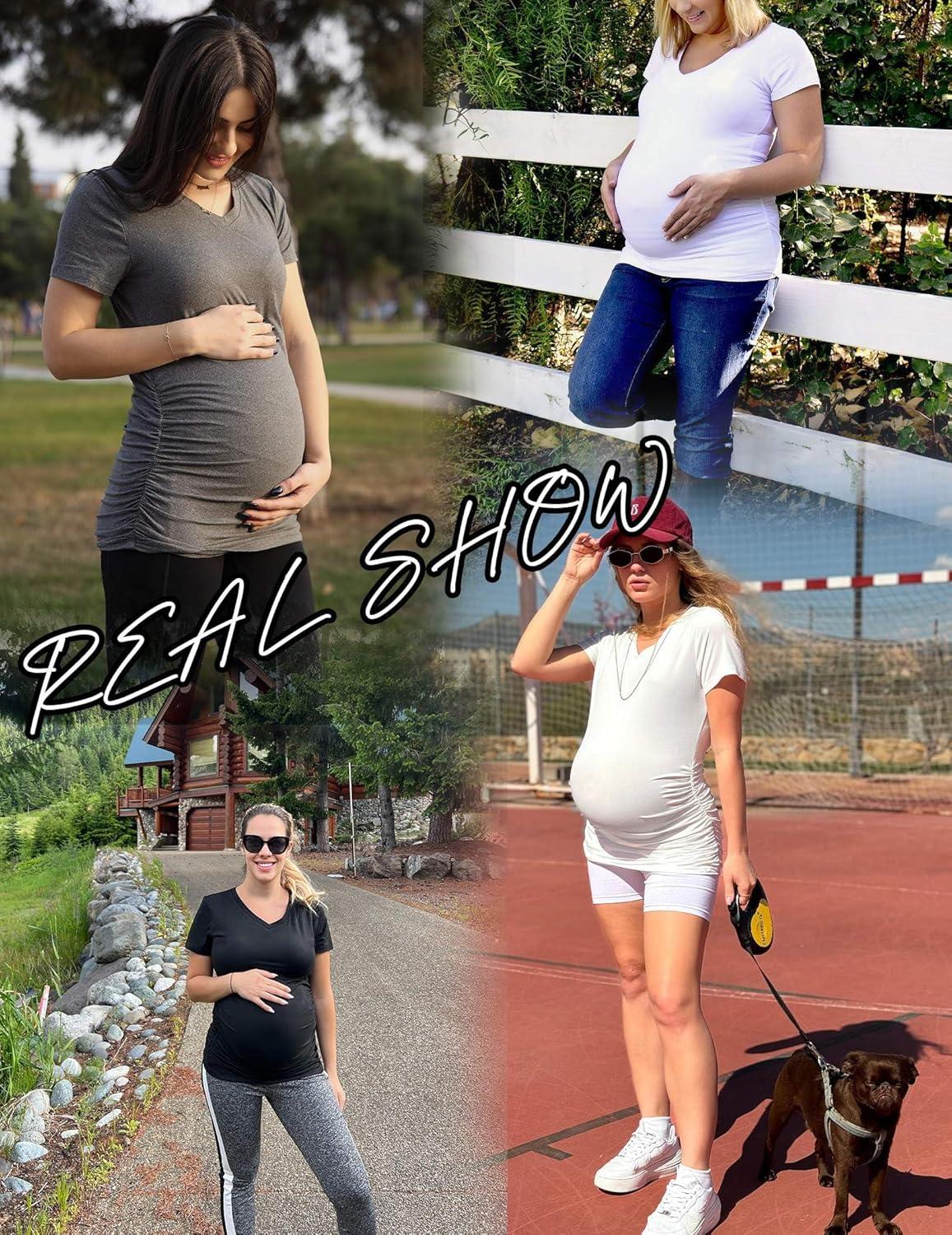 imageEkouaer 4 Pack Maternity Shirts V Neck Maternity Top Short Sleeve Casual Tee Side Ruched Pregnancy ClothesBlackPinkArmy GreenWhite
