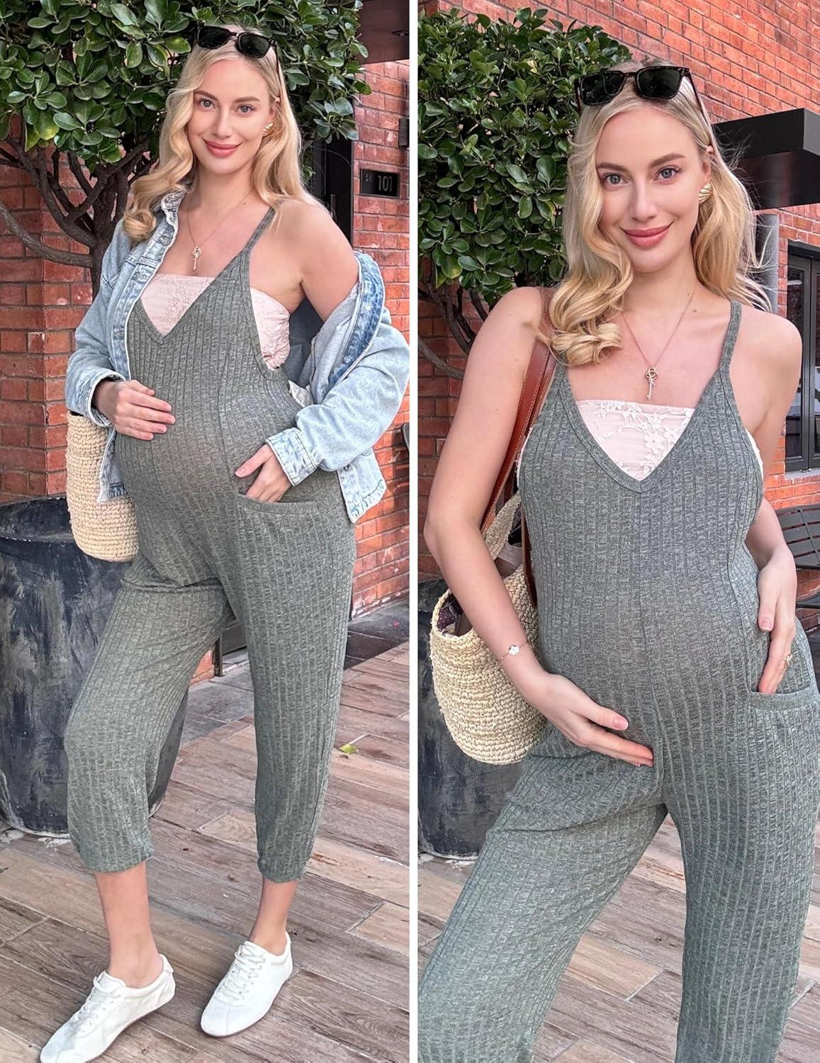 imageEkouaer Jumpsuits for Women Sleeveless Spaghetti Strap Ribbed Overall Jumpsuit V Neck Summer Romper with Pockets 2025Khaki