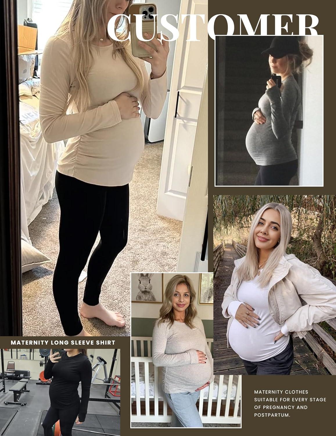 imageEkouaer Maternity Long Sleeve Shirt 3 Pack Crewneck Pregnancy Tops Casual Tee Side Ruched Clothes3pcs Black Brown White