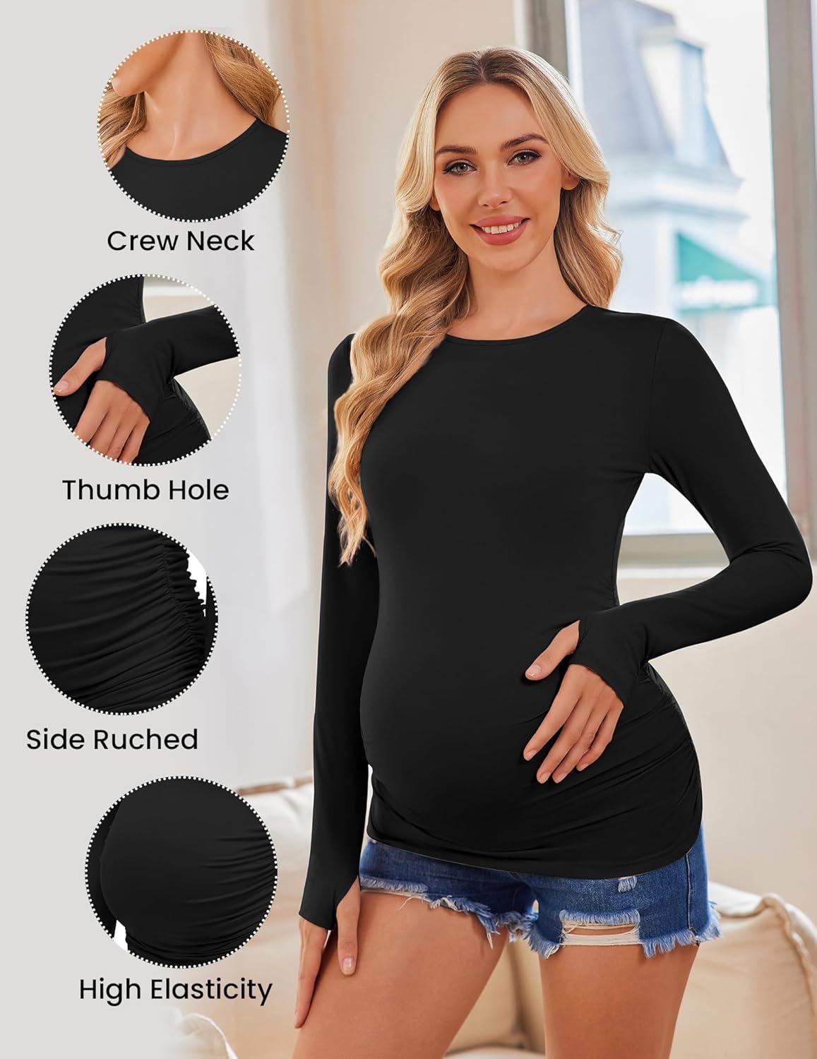 imageEkouaer Maternity Long Sleeve Shirt 3 Pack Crewneck Pregnancy Tops Casual Tee Side Ruched Clothes3pcs Black Brown White