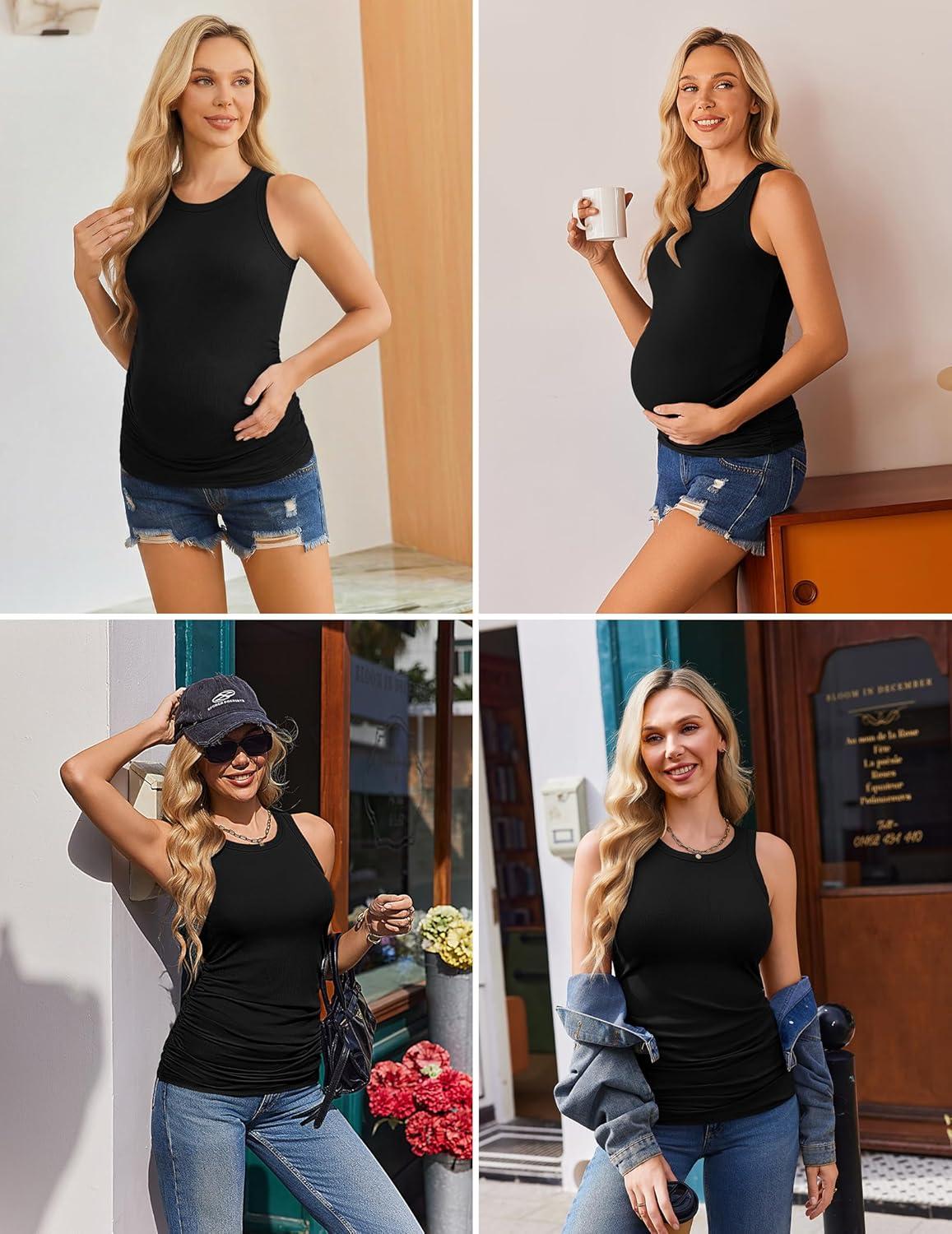 imageEkouaer Maternity Tank Tops 3 Pack Womens Ribbed Pregnancy Shirts Crew Neck Ruched Side Mama Clothes SXXL3pcs Black Grey Apricot