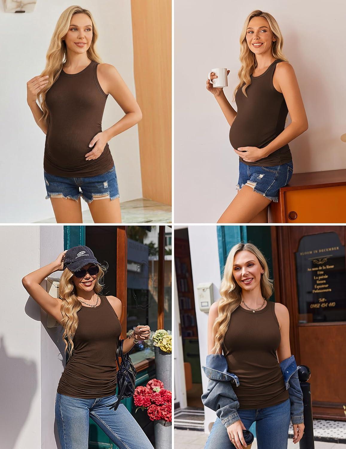 imageEkouaer Maternity Tank Tops 3 Pack Womens Ribbed Pregnancy Shirts Crew Neck Ruched Side Mama Clothes SXXL3pcs Black Grey Brown
