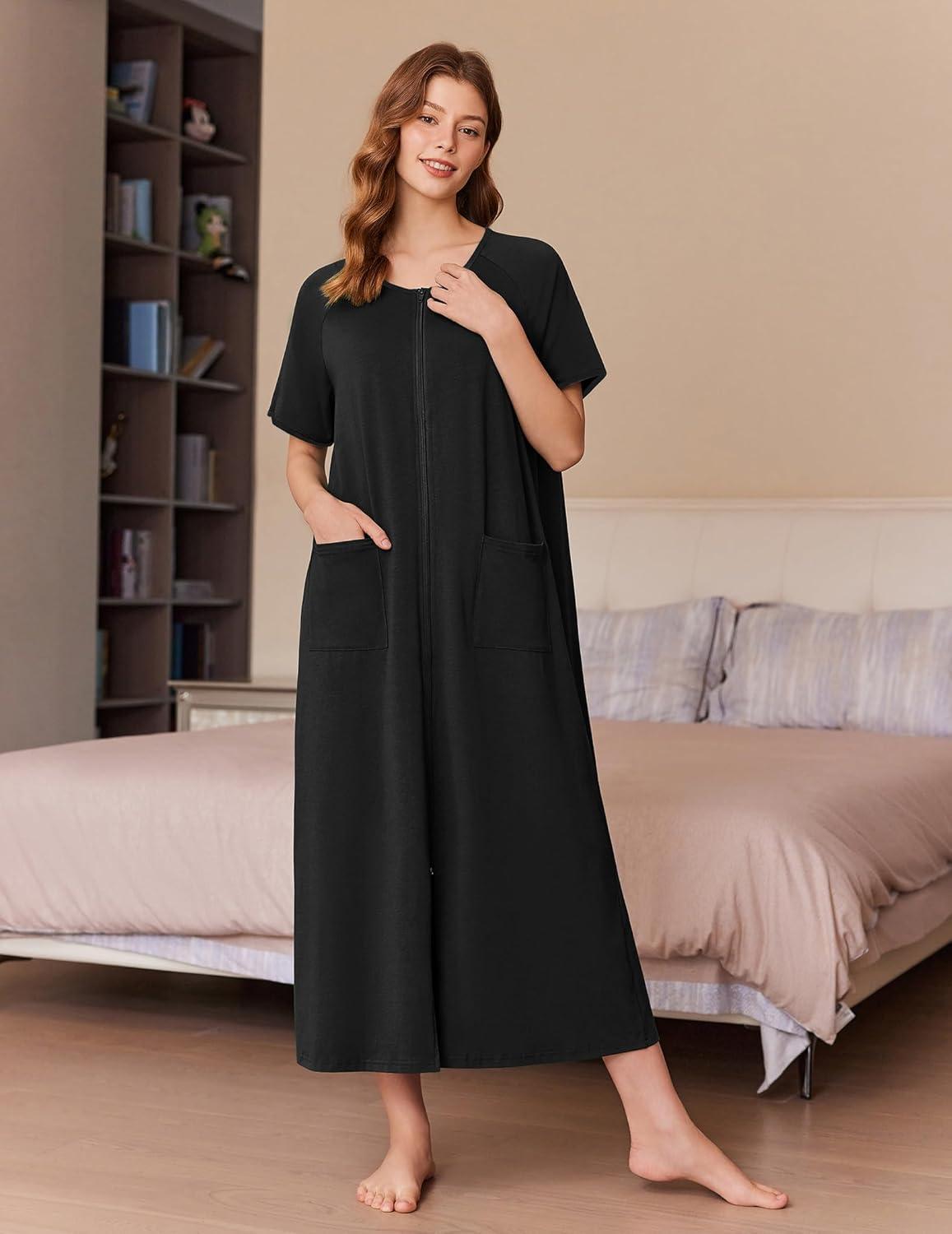 imageEkouaer Women Long House Coat Zipper Front Robes Full Length Nightgowns with Pockets Striped Loungewear S4XLBblack
