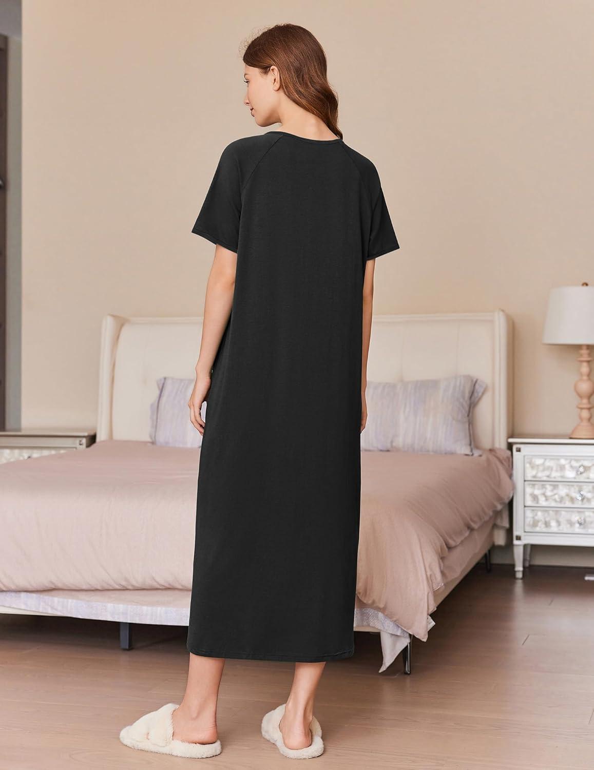 imageEkouaer Women Long House Coat Zipper Front Robes Full Length Nightgowns with Pockets Striped Loungewear S4XLBblack