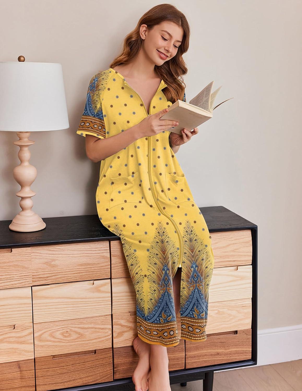 imageEkouaer Women Long House Coat Zipper Front Robes Full Length Nightgowns with Pockets Striped Loungewear S4XLBlack Leaves