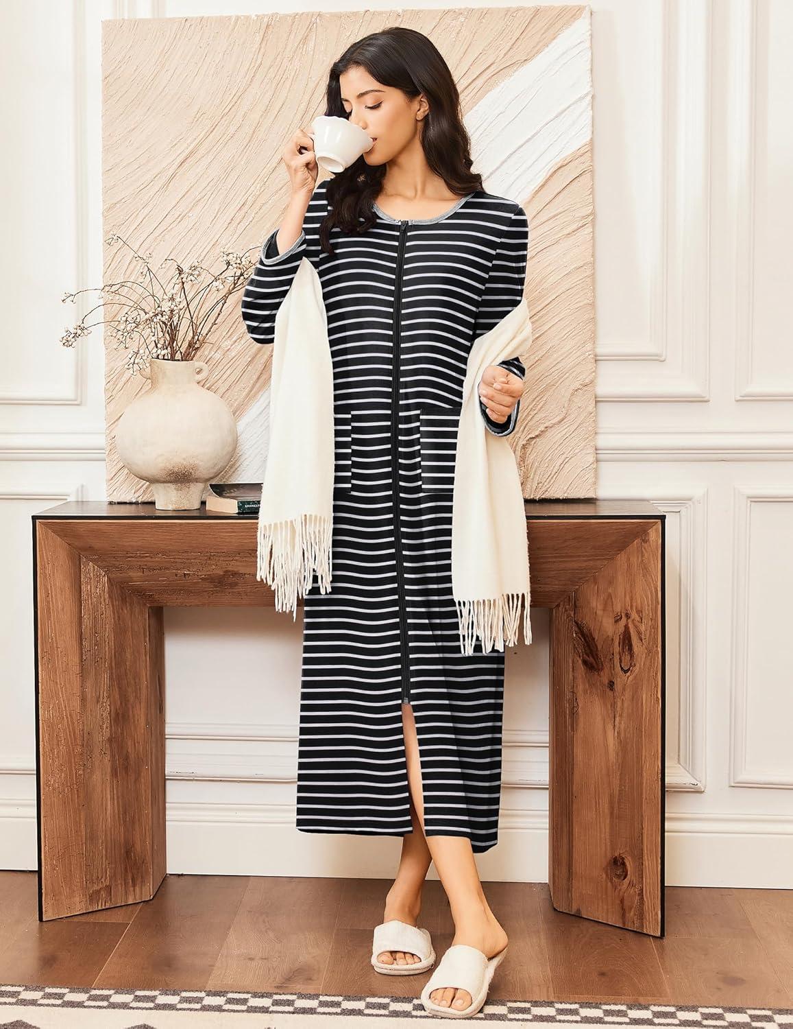 imageEkouaer Women Long House Coat Zipper Front Robes Full Length Nightgowns with Pockets Striped Loungewear S4XLBlack Stripes