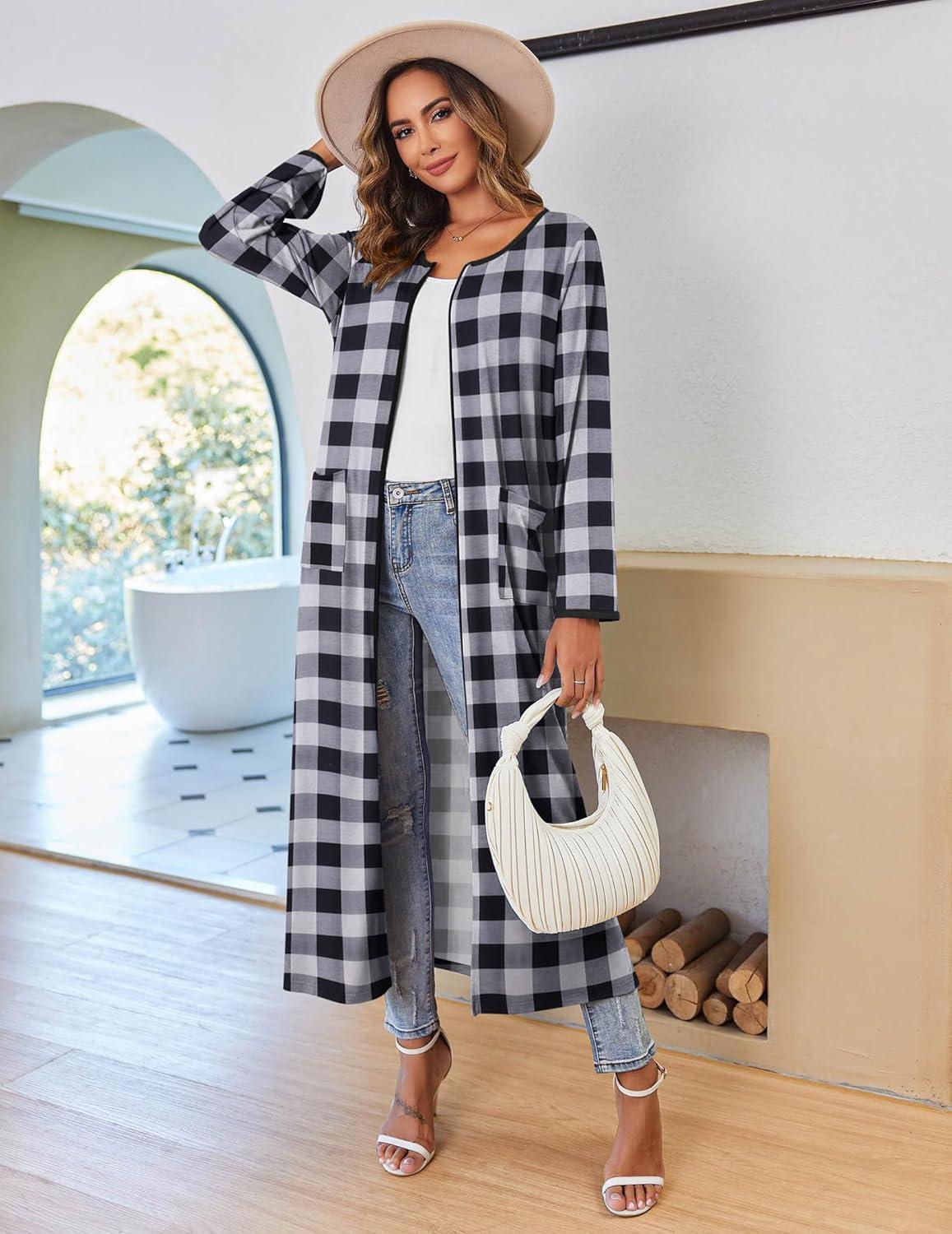 imageEkouaer Women Long House Coat Zipper Front Robes Full Length Nightgowns with Pockets Striped Loungewear S4XLBlack and White Plaid