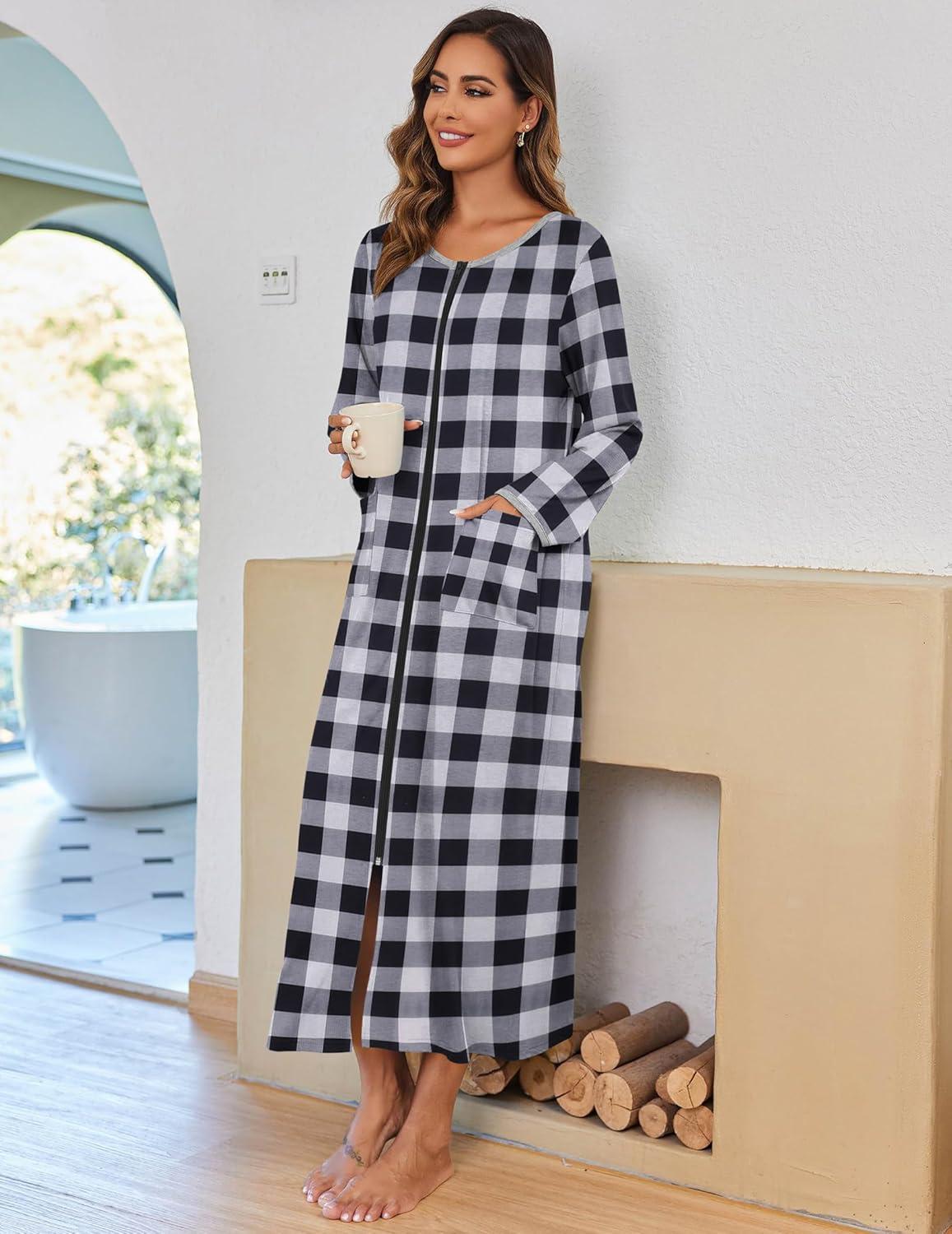 imageEkouaer Women Long House Coat Zipper Front Robes Full Length Nightgowns with Pockets Striped Loungewear S4XLBlack and White Plaid
