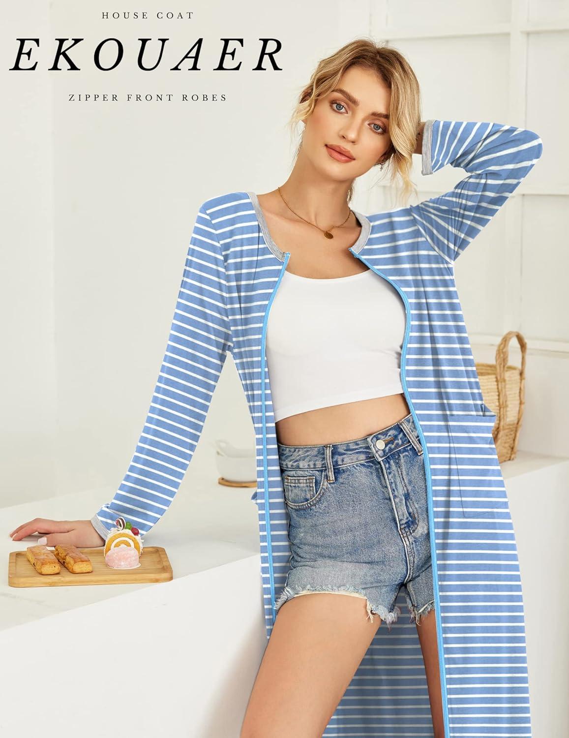 imageEkouaer Women Long House Coat Zipper Front Robes Full Length Nightgowns with Pockets Striped Loungewear S4XLBlue