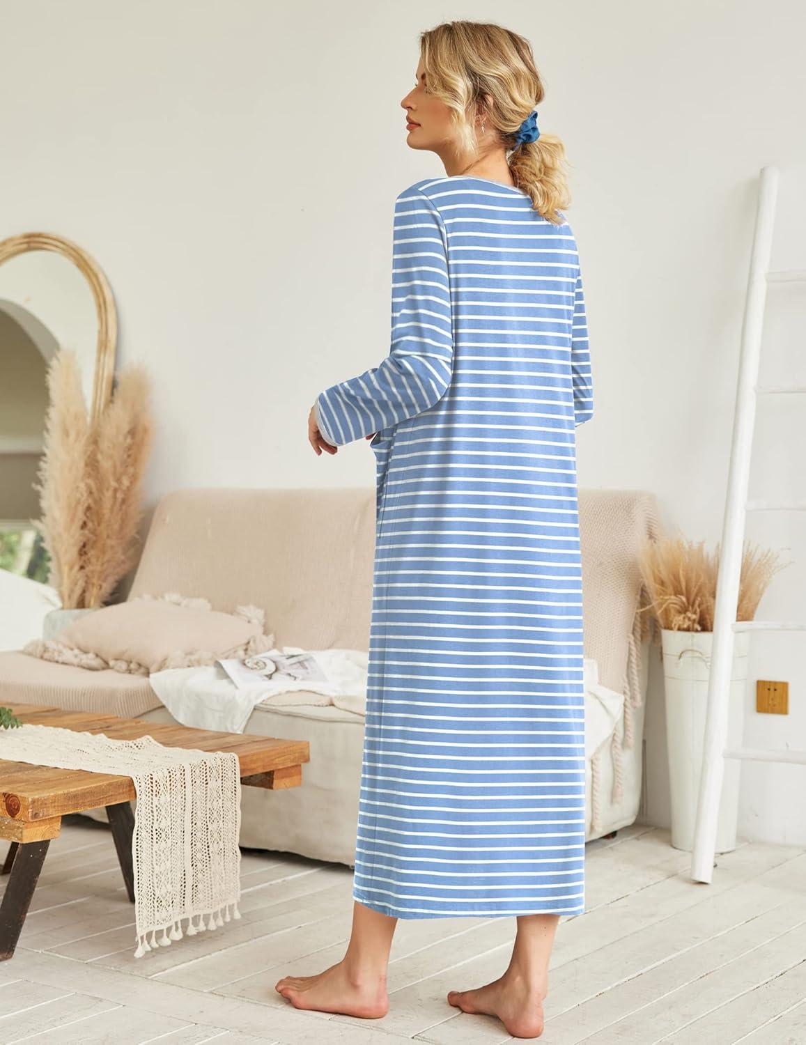 imageEkouaer Women Long House Coat Zipper Front Robes Full Length Nightgowns with Pockets Striped Loungewear S4XLBlue