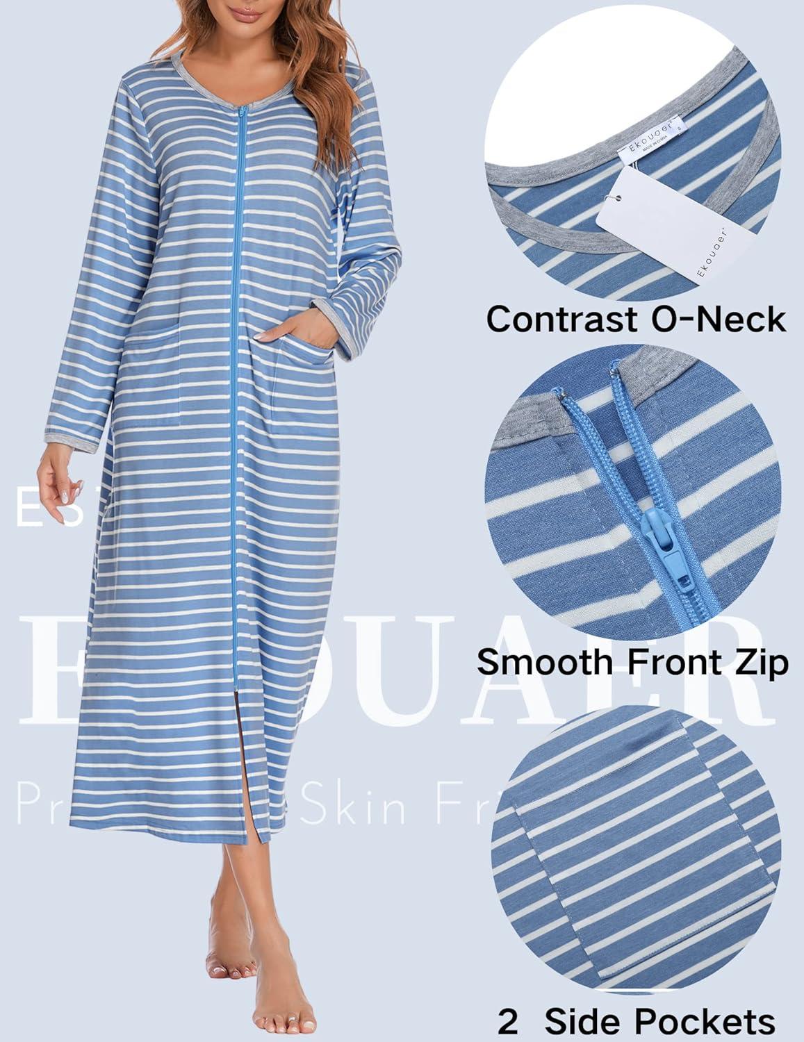 imageEkouaer Women Long House Coat Zipper Front Robes Full Length Nightgowns with Pockets Striped Loungewear S4XLBlue