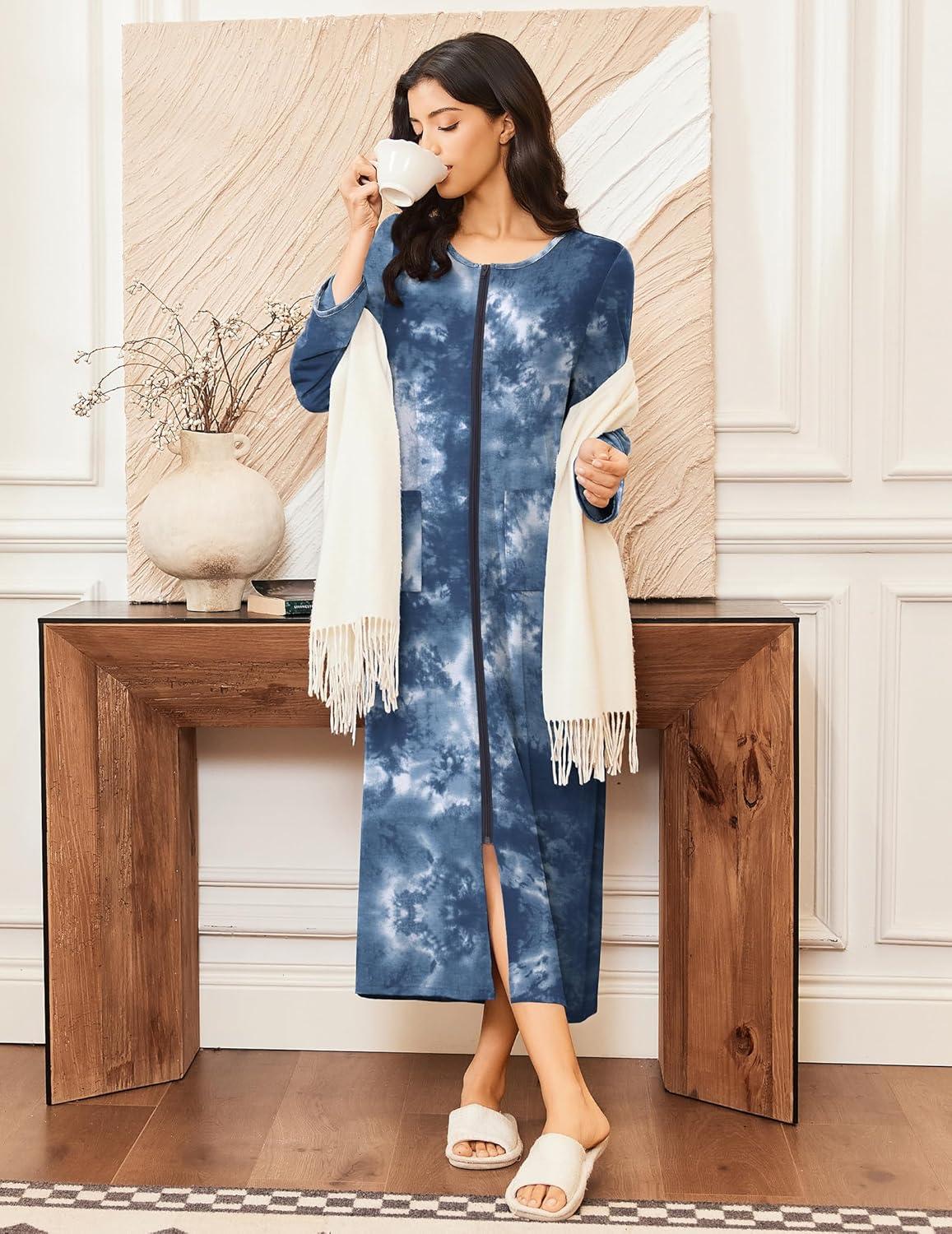 imageEkouaer Women Long House Coat Zipper Front Robes Full Length Nightgowns with Pockets Striped Loungewear S4XLBlue Tie Dye