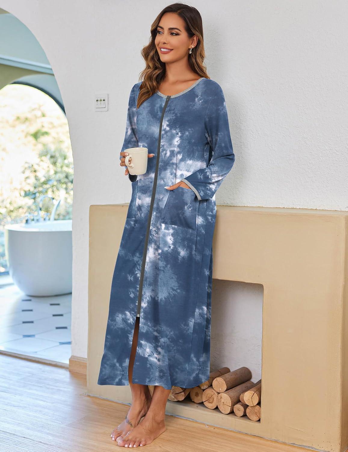 imageEkouaer Women Long House Coat Zipper Front Robes Full Length Nightgowns with Pockets Striped Loungewear S4XLBlue Tie Dye