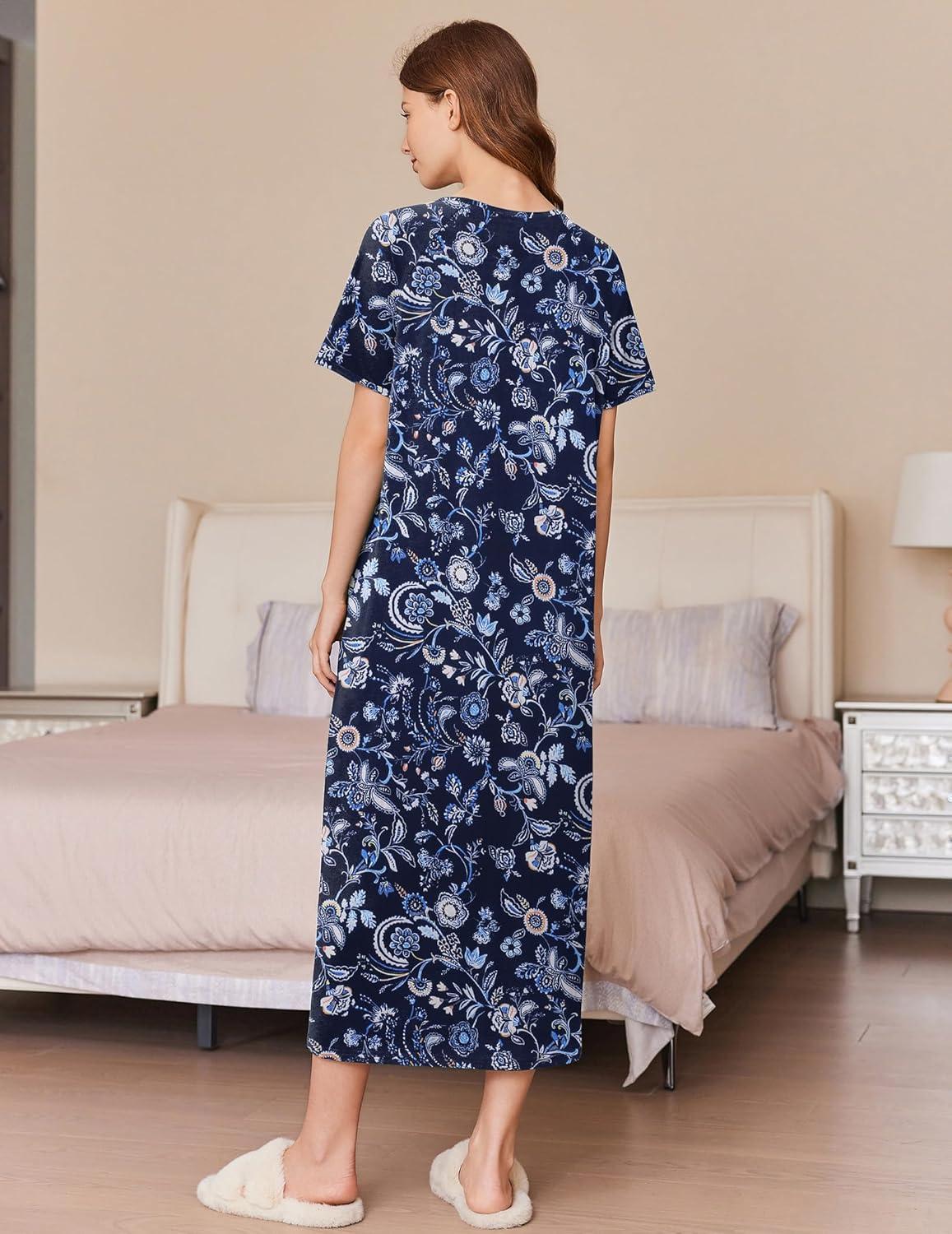 imageEkouaer Women Long House Coat Zipper Front Robes Full Length Nightgowns with Pockets Striped Loungewear S4XLDark Blue Flower