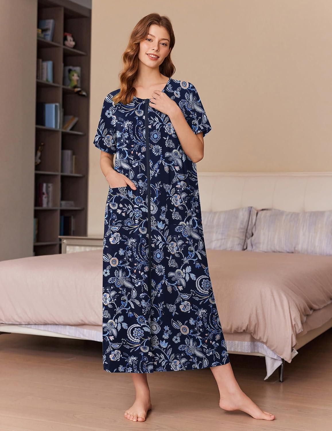 imageEkouaer Women Long House Coat Zipper Front Robes Full Length Nightgowns with Pockets Striped Loungewear S4XLDark Blue Flower