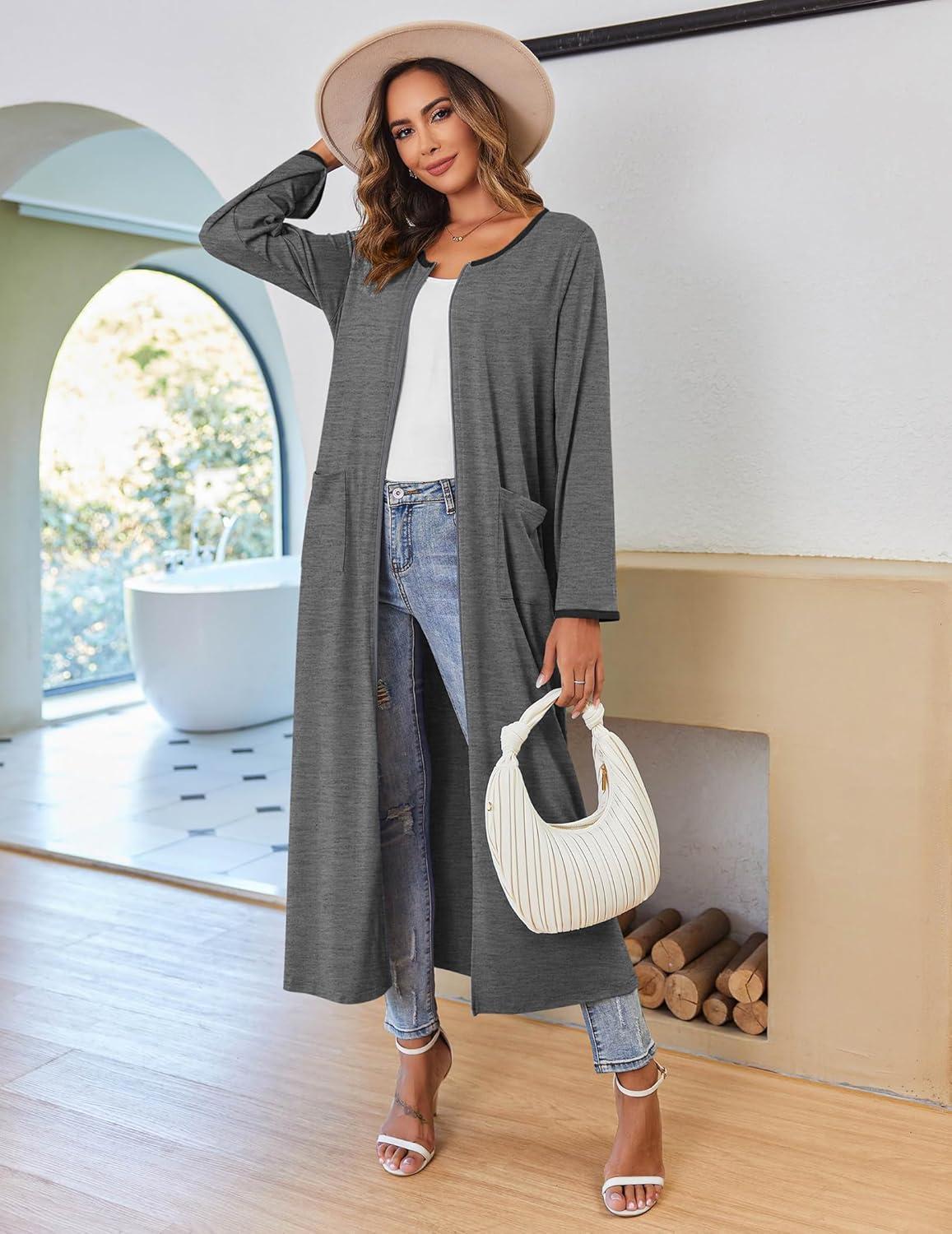 imageEkouaer Women Long House Coat Zipper Front Robes Full Length Nightgowns with Pockets Striped Loungewear S4XLDark Grey
