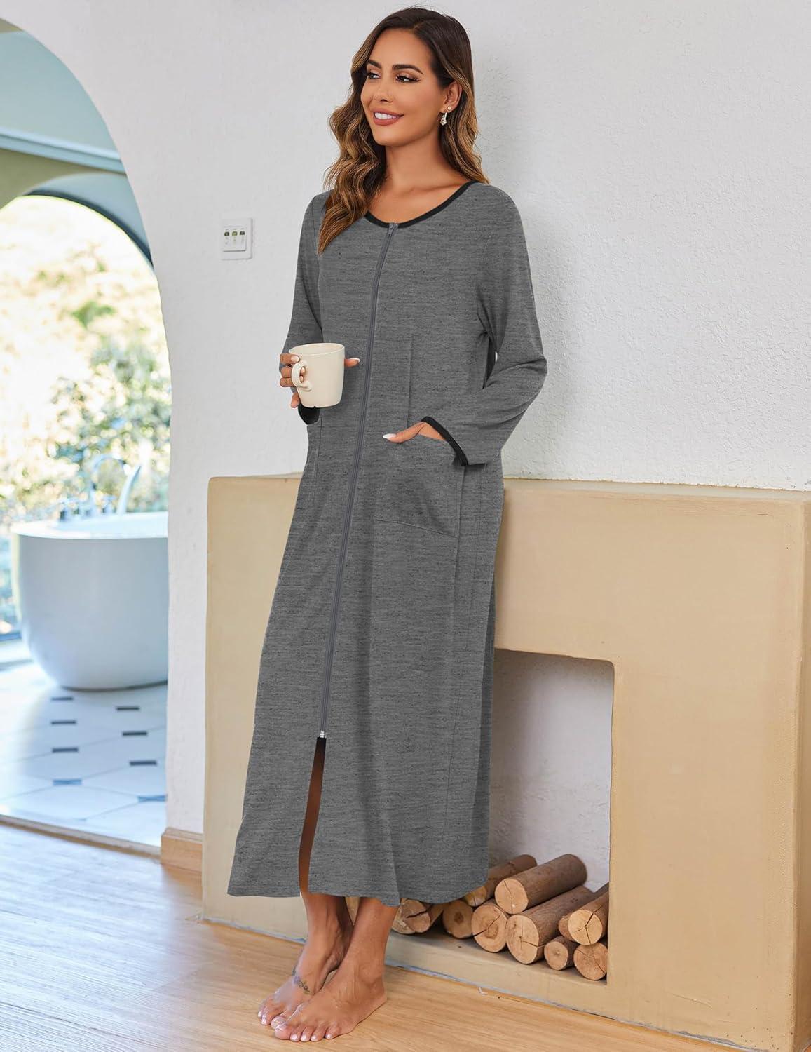 imageEkouaer Women Long House Coat Zipper Front Robes Full Length Nightgowns with Pockets Striped Loungewear S4XLDark Grey
