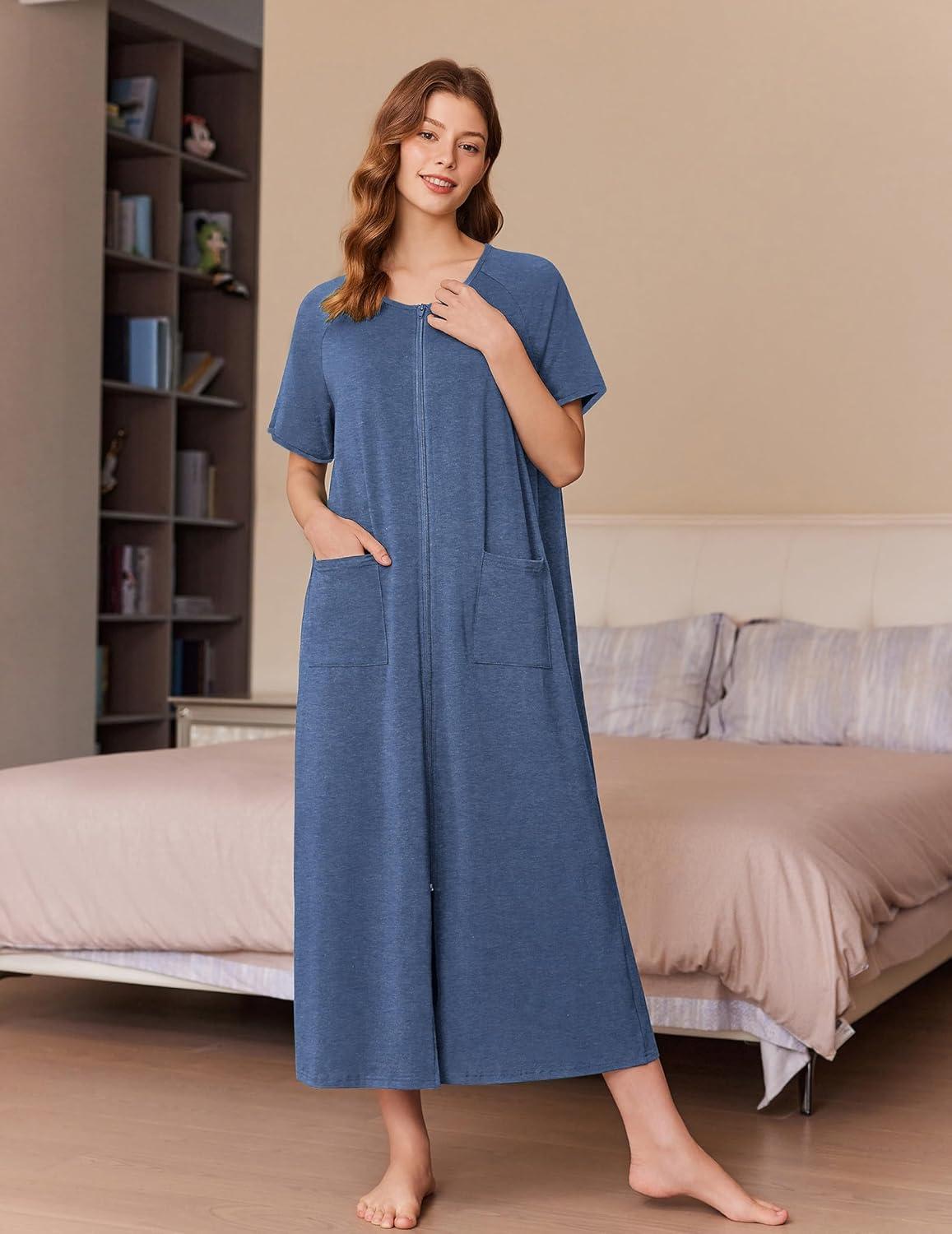 imageEkouaer Women Long House Coat Zipper Front Robes Full Length Nightgowns with Pockets Striped Loungewear S4XLEgyptian