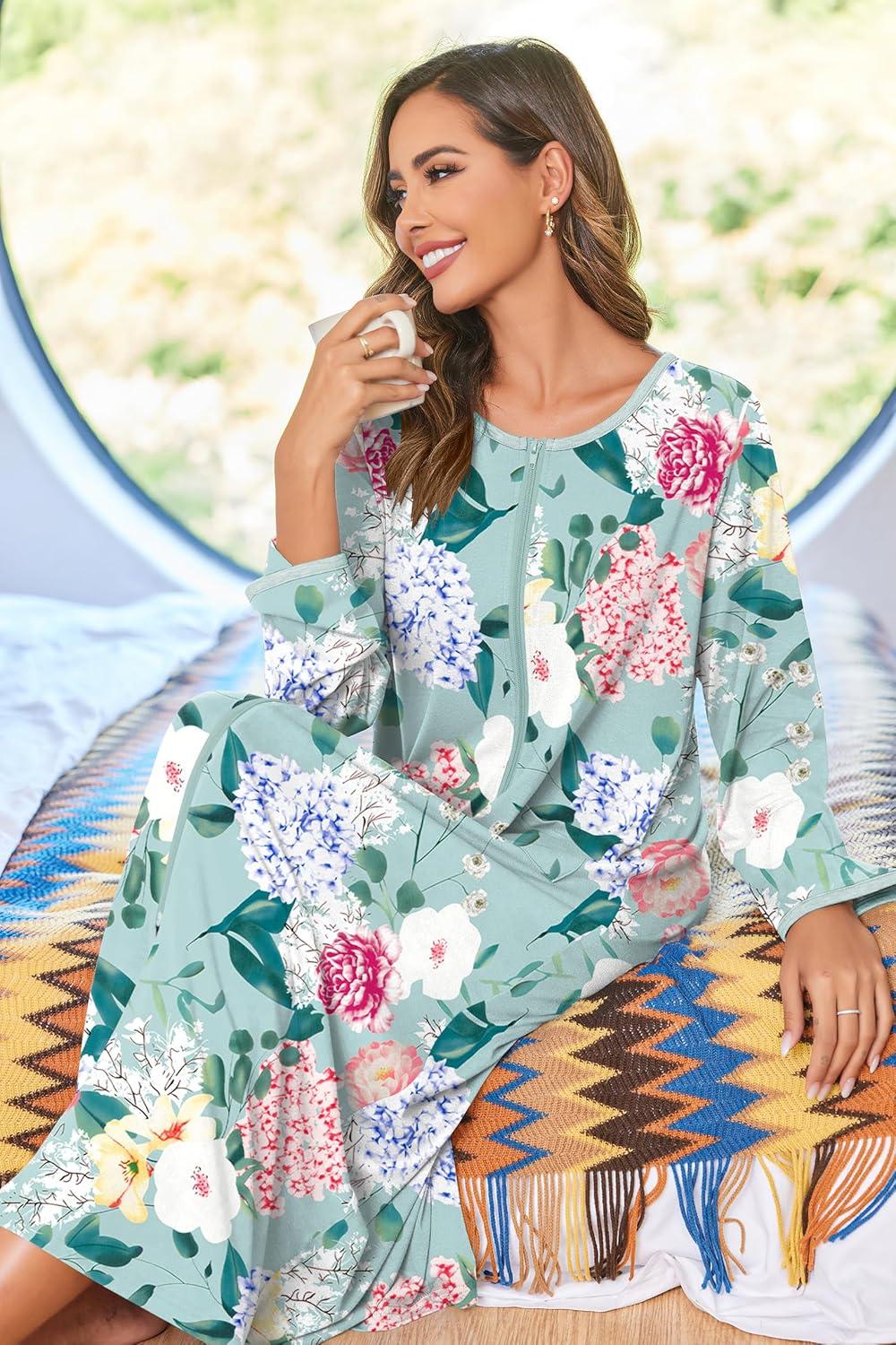 imageEkouaer Women Long House Coat Zipper Front Robes Full Length Nightgowns with Pockets Striped Loungewear S4XLGreen Floral