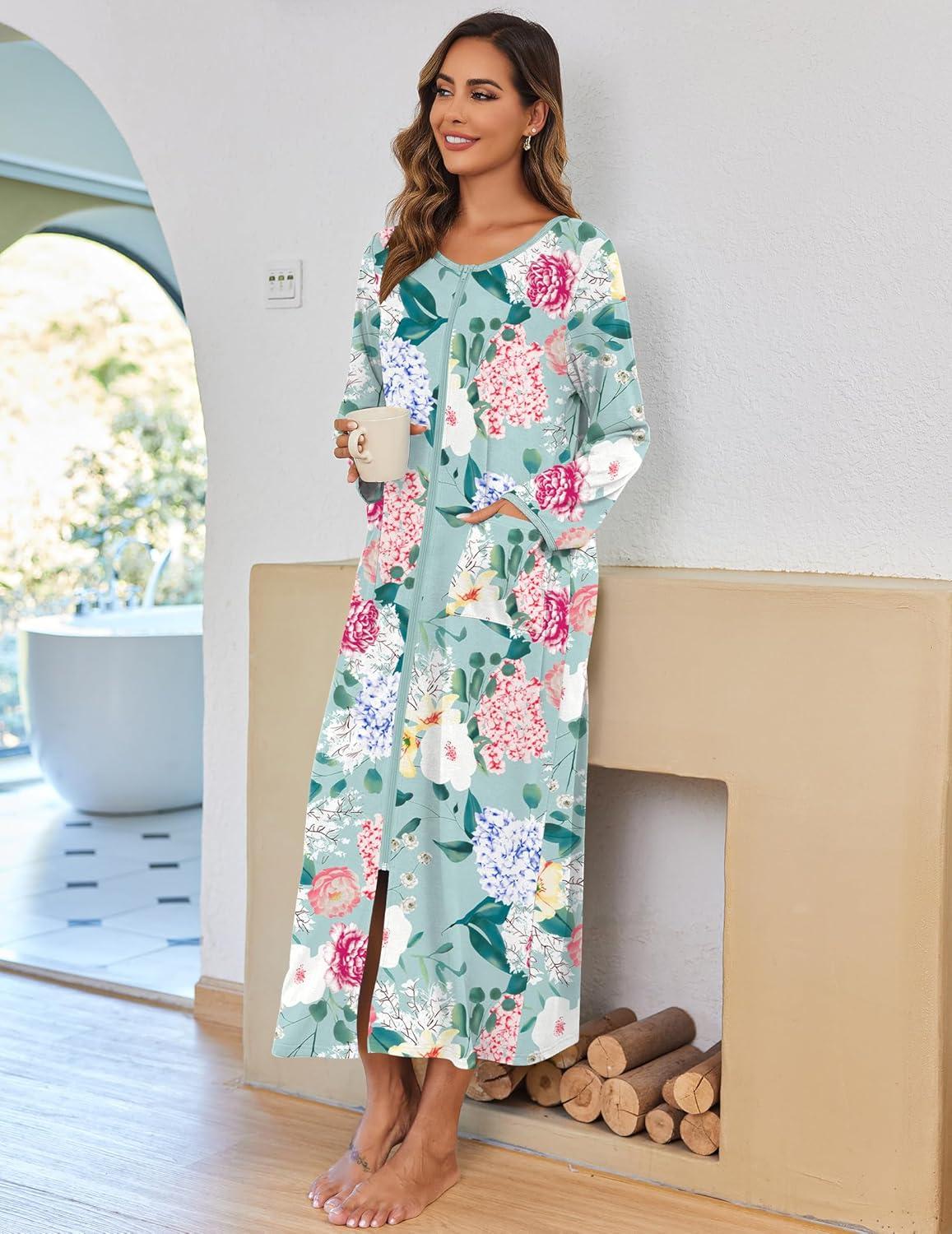 imageEkouaer Women Long House Coat Zipper Front Robes Full Length Nightgowns with Pockets Striped Loungewear S4XLGreen Floral