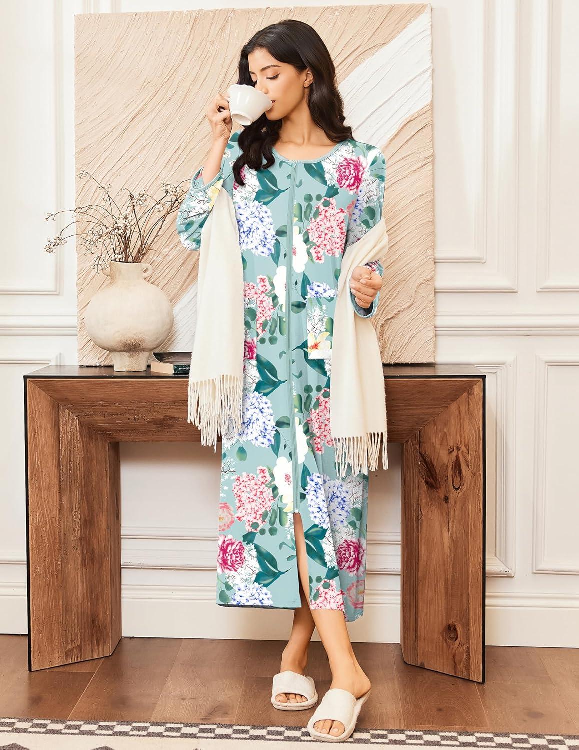 imageEkouaer Women Long House Coat Zipper Front Robes Full Length Nightgowns with Pockets Striped Loungewear S4XLGreen Floral