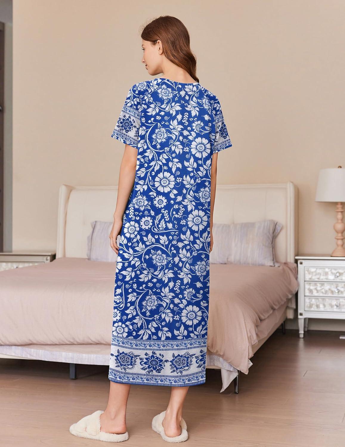 imageEkouaer Women Long House Coat Zipper Front Robes Full Length Nightgowns with Pockets Striped Loungewear S4XLLight Blue Flower