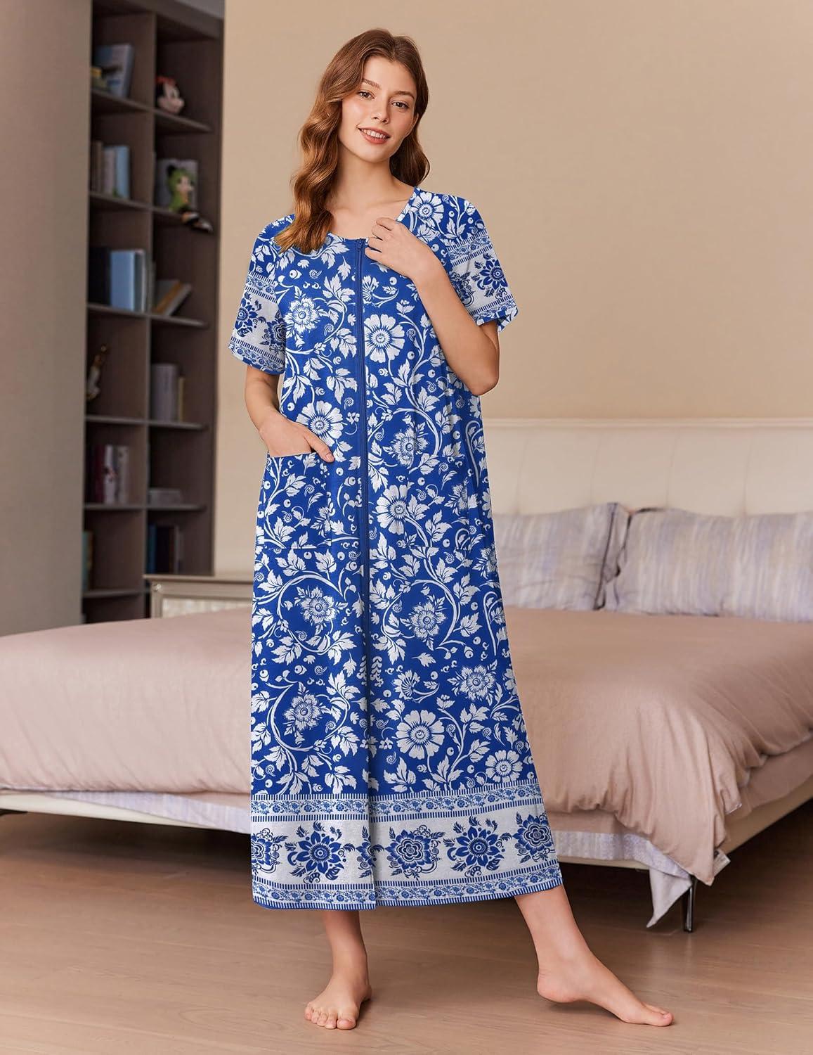 imageEkouaer Women Long House Coat Zipper Front Robes Full Length Nightgowns with Pockets Striped Loungewear S4XLLight Blue Flower