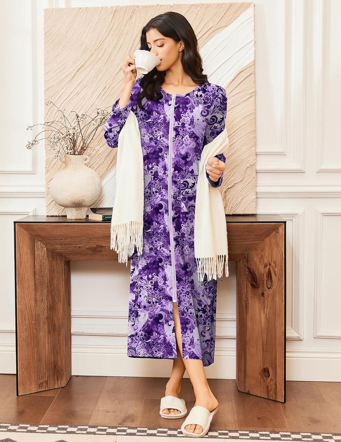 imageEkouaer Women Long House Coat Zipper Front Robes Full Length Nightgowns with Pockets Striped Loungewear S4XLPurple Floral