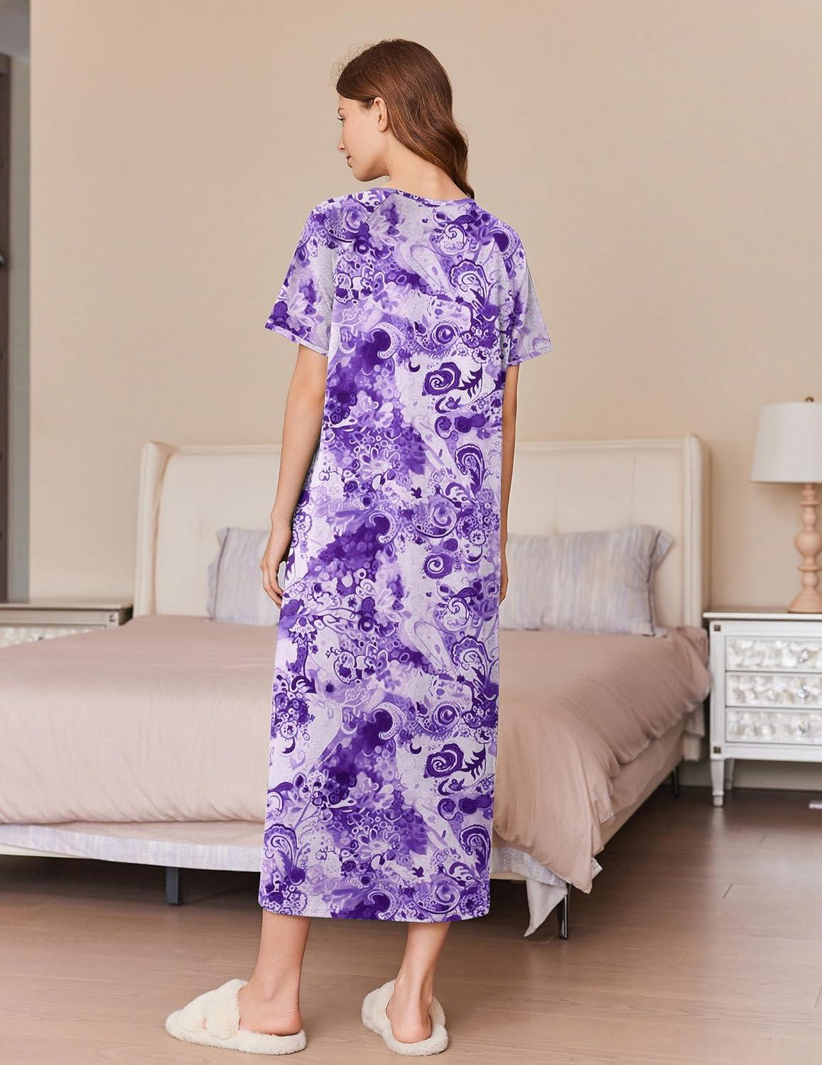 imageEkouaer Women Long House Coat Zipper Front Robes Full Length Nightgowns with Pockets Striped Loungewear S4XLPurple Flower