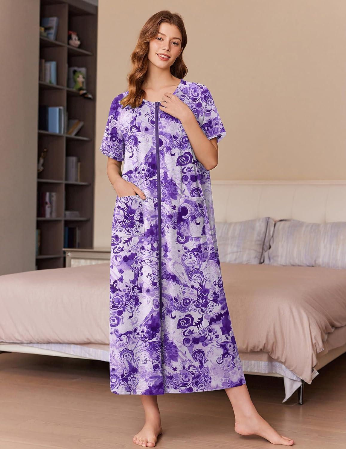 imageEkouaer Women Long House Coat Zipper Front Robes Full Length Nightgowns with Pockets Striped Loungewear S4XLPurple Flower