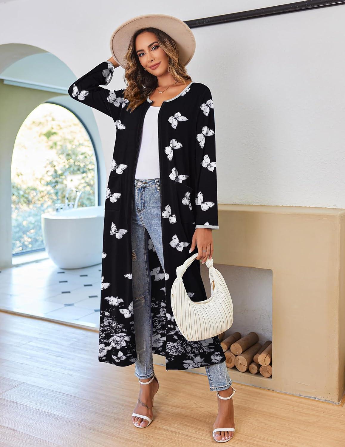 imageEkouaer Women Long House Coat Zipper Front Robes Full Length Nightgowns with Pockets Striped Loungewear S4XLWhite Butterfly