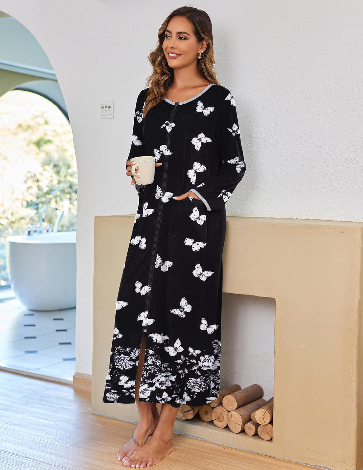 imageEkouaer Women Long House Coat Zipper Front Robes Full Length Nightgowns with Pockets Striped Loungewear S4XLWhite Butterfly