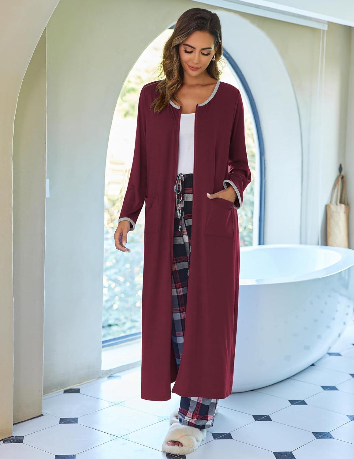 imageEkouaer Women Long House Coat Zipper Front Robes Full Length Nightgowns with Pockets Striped Loungewear S4XLWine Red