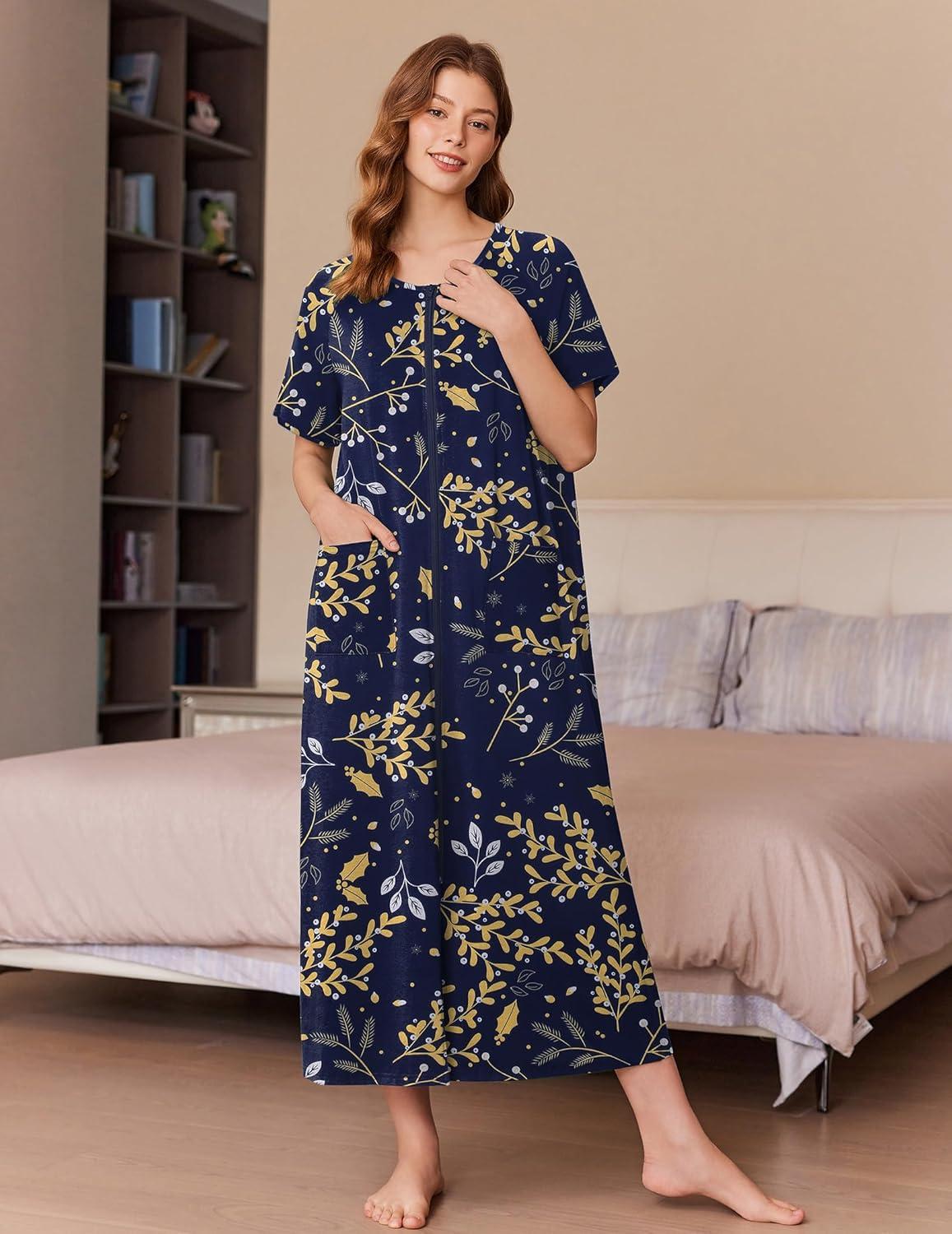 imageEkouaer Women Long House Coat Zipper Front Robes Full Length Nightgowns with Pockets Striped Loungewear S4XLYellow Leaves