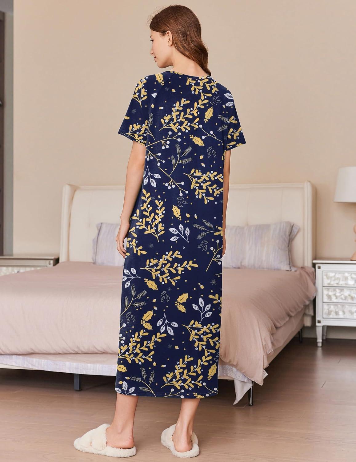 imageEkouaer Women Long House Coat Zipper Front Robes Full Length Nightgowns with Pockets Striped Loungewear S4XLYellow Leaves