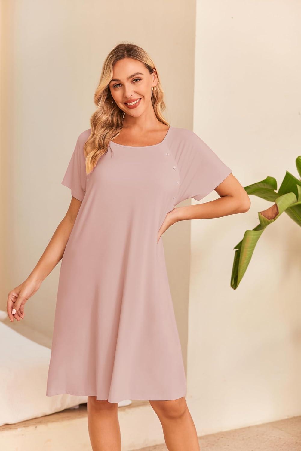 imageEkouaer Womens NursingDeliveryLaborHospital Nightdress Short Sleeve Maternity Nightgown with Button SXXLDirty Pink