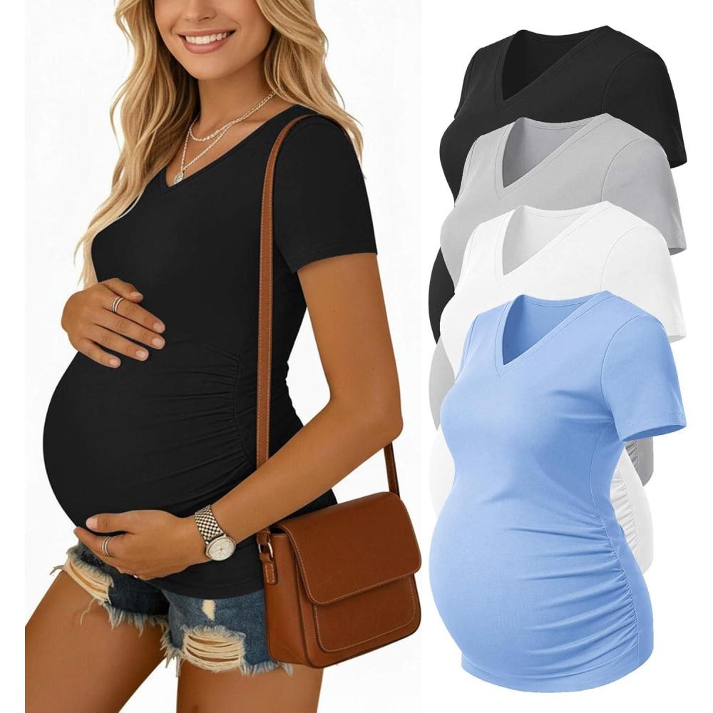 imageEkouaer 4 Pack Maternity Shirts V Neck Maternity Top Short Sleeve Casual Tee Side Ruched Pregnancy ClothesBlackBlueGreyWhite