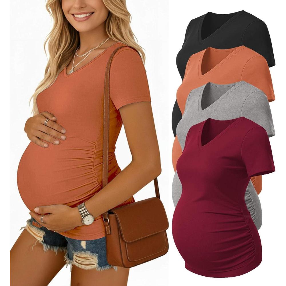 imageEkouaer 4 Pack Maternity Shirts V Neck Maternity Top Short Sleeve Casual Tee Side Ruched Pregnancy ClothesBlackDark GreyCaramelDark Red