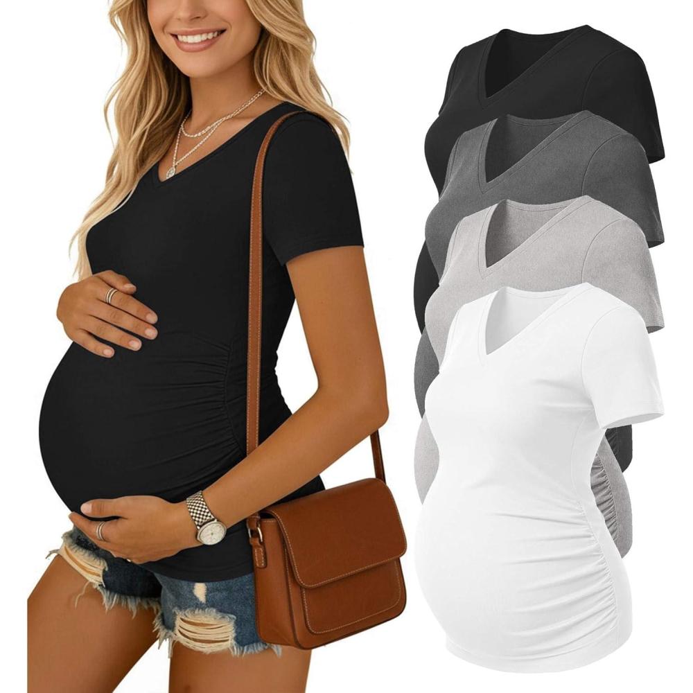 imageEkouaer 4 Pack Maternity Shirts V Neck Maternity Top Short Sleeve Casual Tee Side Ruched Pregnancy ClothesBlackDark GreyGreyWhite