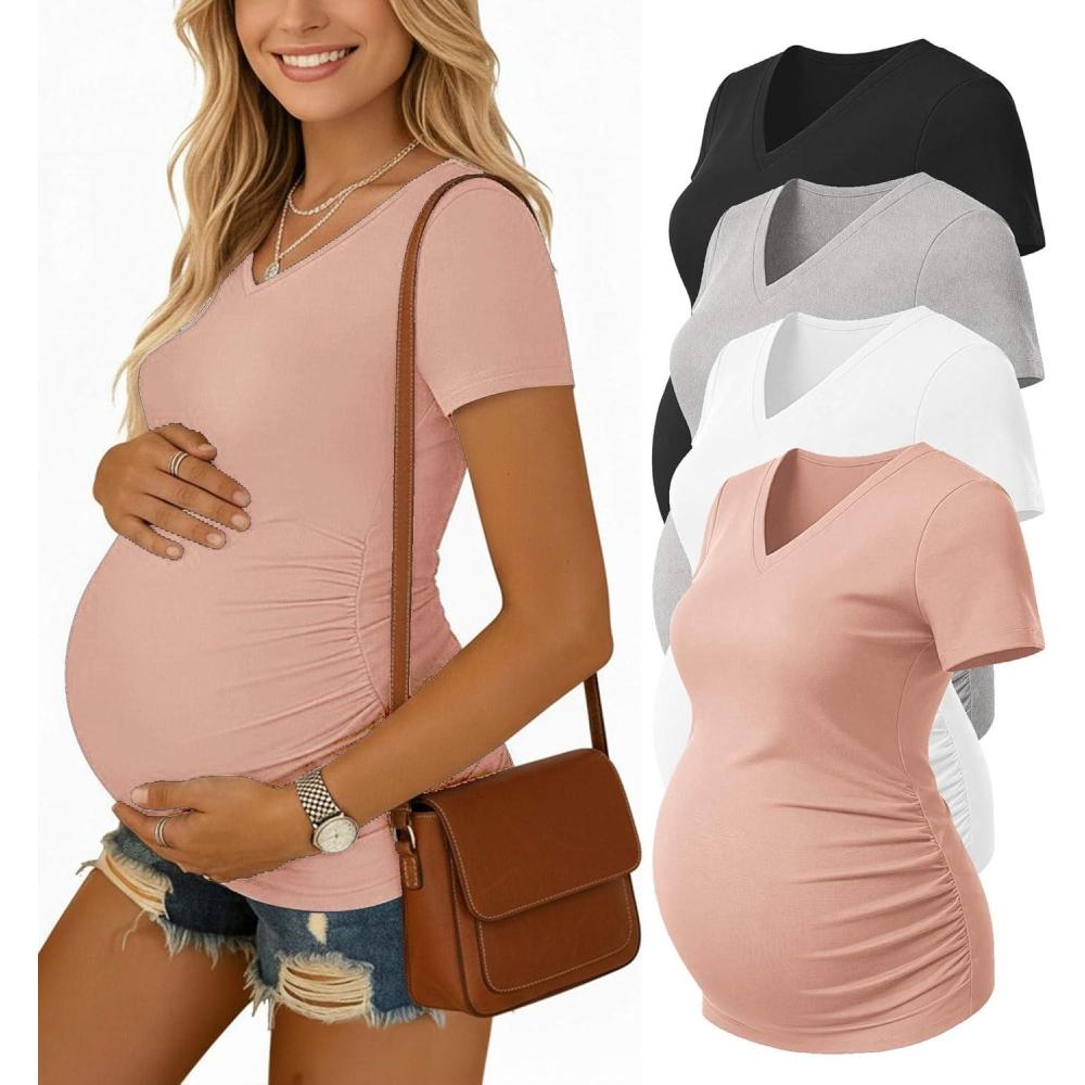 imageEkouaer 4 Pack Maternity Shirts V Neck Maternity Top Short Sleeve Casual Tee Side Ruched Pregnancy ClothesBlackPinkGreyWhite